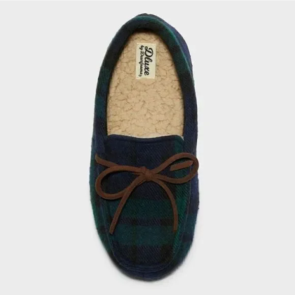 NEW! Dluxe by Dearfoams Braydon
Moccasin Kids Slippers, Green Plaid - Picture 3 of 7